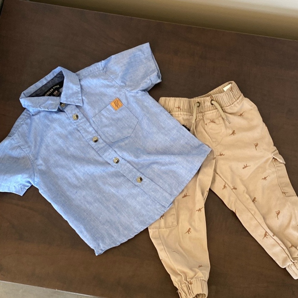 3/$10 Chambray Blue Shirt and Beige Dino Pants Set